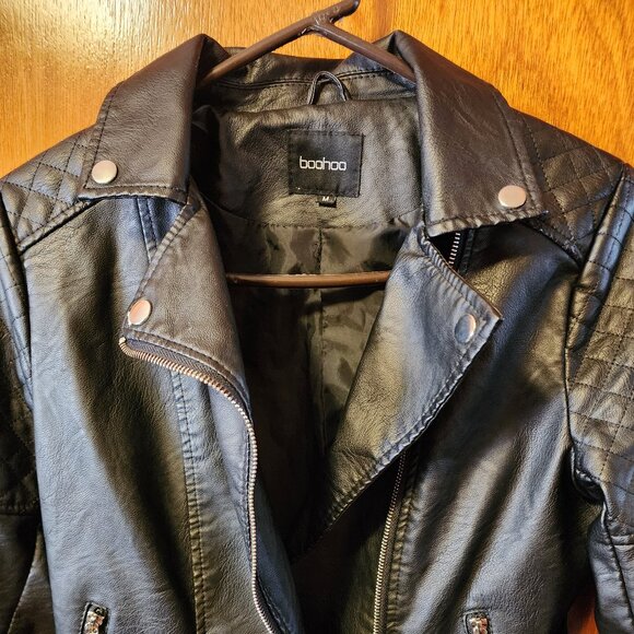 Women's Medium Boohoo Black Faux Leather Zip Up Biker Jacket - Picture 5 of 8